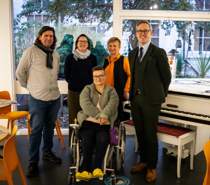 The DASH arts team meet Lord Parkinson. Posing for a photo are DASH Chair, Craig Ashley; Admin Assistant, Esther Cartwright; Operations Director, Paula Dower; Trustee, artist Tanya Raabe-Webber and Lord Parkinson.