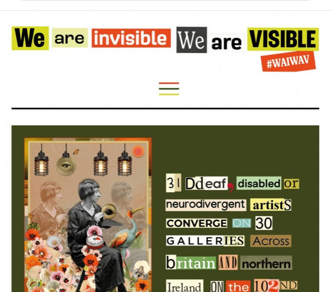 A cropped image of the WAIWAC website. We Are Invisible We Are Visible is across the top in cut out letter and words. 