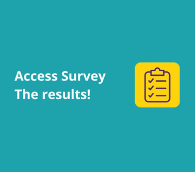 A turguoise background with white text that reads; Access Survey, The Results! To the right of the text id a yellow tick box form.