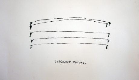 on a white piece of paper, half way up the page in the centre, are three black ink straight, hand drawn lines begining and ending in the letter p, above that are two more lines with more of a slight arch to them, at the bottom is  'STAGNANT FUTURES'