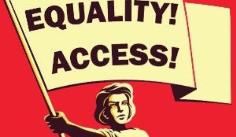 A red background with illustration of a woman waving a banner with the word Equality and Access Emblazoned on it.