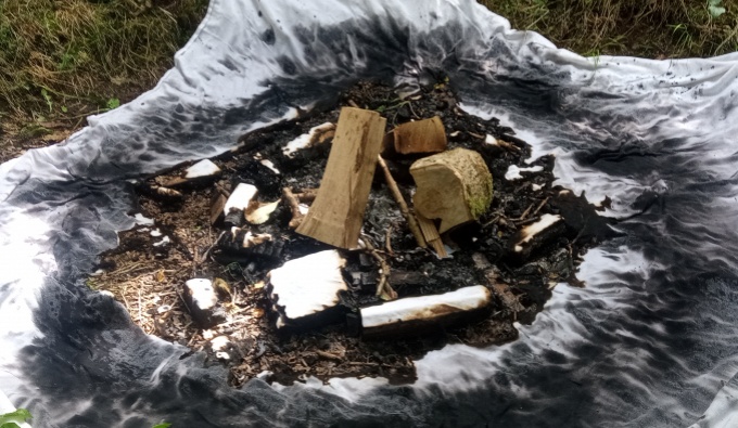 The charred remains of a bonfire. There are some logs in tact and silver, grey ash on the site of the fire.