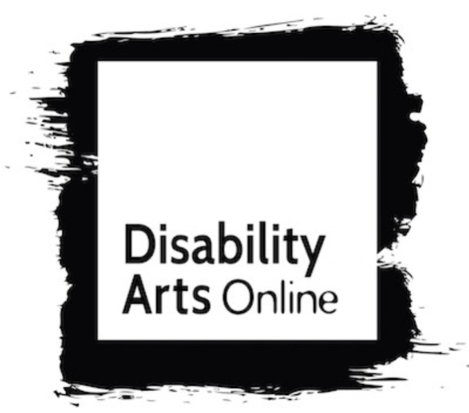 A black painted outline of a square against a white background. Inside in black font reads, Disability Arts Online.