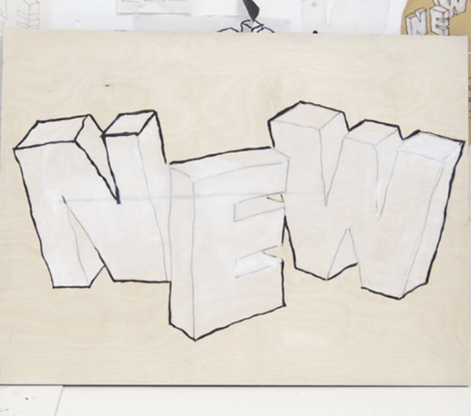 A white studio space with a large rectangular shaped painting on light wooden. Painted in white the artwork reads NEW. The letters are hand drawn capital letters, with black and grey outlines.