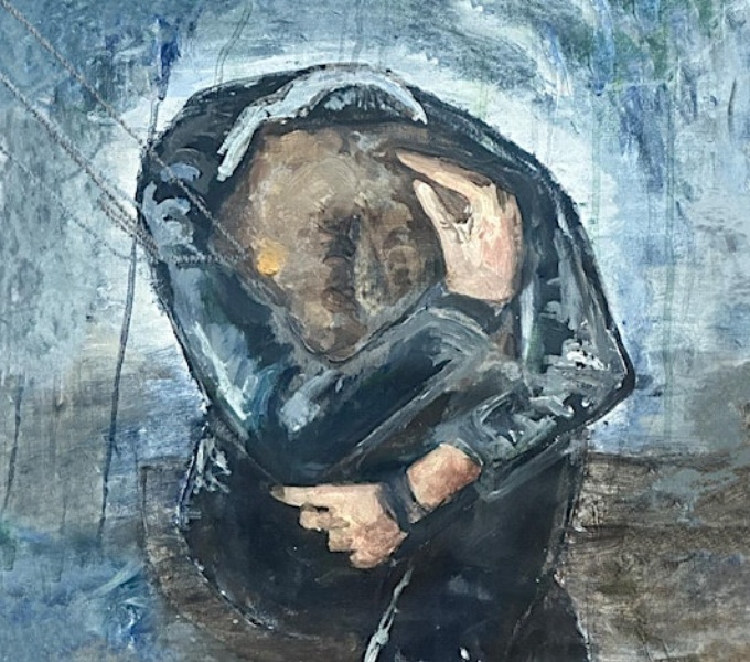 Image is a painting of a figure with blonde brown hair, dressed in dark blue clothing against a blue grey background, curled into a ball and covering their head and knees with their arms.