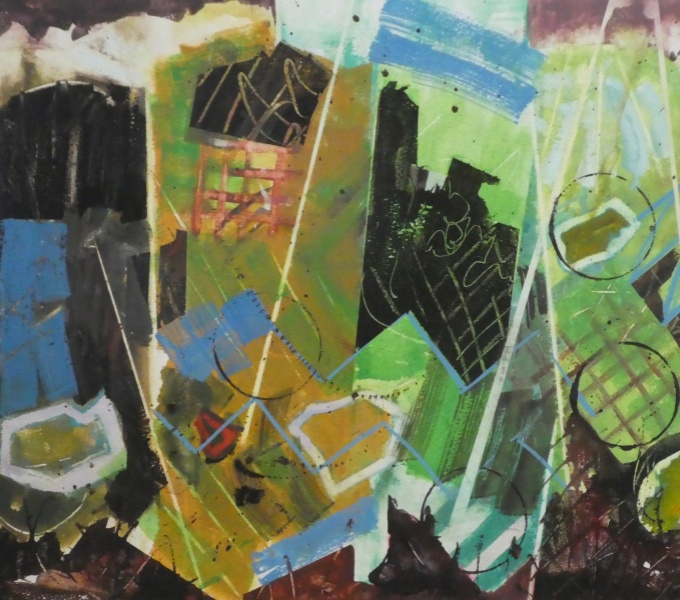 Abstract painting in greens, blues and black. Artist name Geoffrey Pimlott