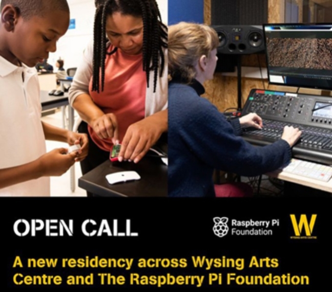 People working on electronic devices. Below is a banner that reads: Open Call, A new residency across Wysing Arts Centre and the Raspberry PI Foundation. 