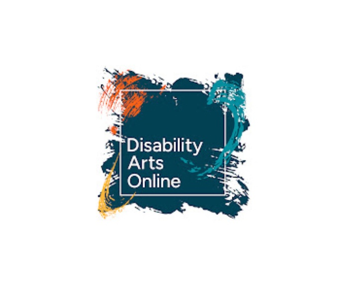 Disability Arts Online Logo. An outline of a white square overlaid on a turquoise painted background, with additional orange, blue and yellow brush marks in the corners. The name; Disability Arts Online is in white font sits bottom left within the square.
