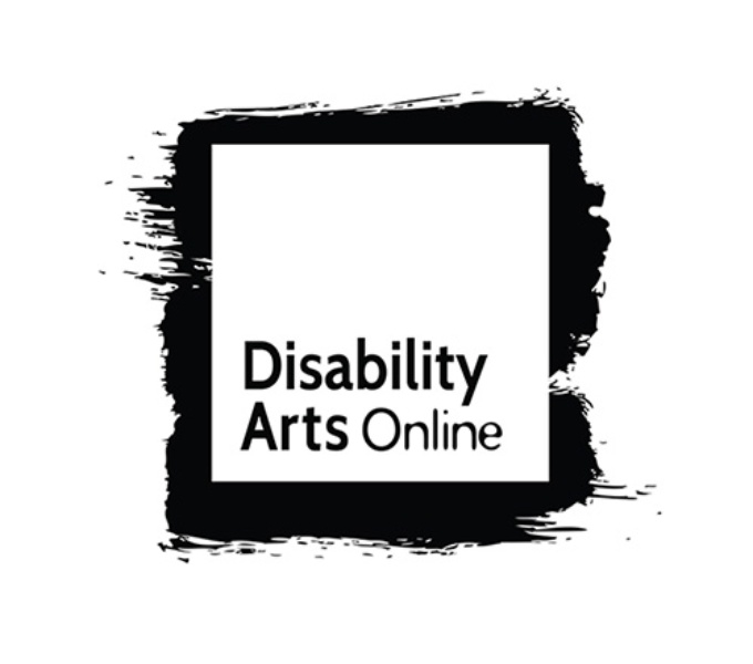 A white background with an outline of a black square with paint splattered edges. Withing the square is the name Disability Arts Online n black text.